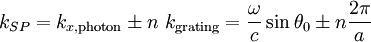 k_{SP}=k_{x, \text{photon}} \pm n\ k_\text{grating}=\frac{\omega}{c} \sin{\theta_0} \pm n \frac{2\pi}{a}