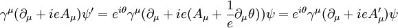 \gamma^\mu(\partial_\mu + ieA_\mu)\psi^\prime = e^{i\theta}\gamma^\mu(\partial_\mu + ie(A_\mu + \frac{1}{e}\partial_\mu\theta))\psi = e^{i\theta}\gamma^\mu(\partial_\mu + ieA^\prime_\mu)\psi