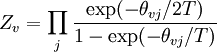 Z_v = \prod_j \frac{\exp(-\theta_{vj} / 2T)}{1 - \exp(-\theta_{vj} / T)}