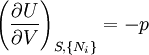 \left(\frac{\partial U}{\partial V}\right)_{S,\{N_i\}}=-p