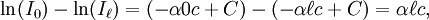 \ln(I_0) - \ln(I_\ell) = (- \alpha 0 c + C) - ( - \alpha \ell c+ C) = \alpha \ell c , \,\!