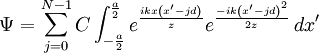 \Psi = \sum_{j=0}^{N-1} C \int_{-\frac{a}{2}}^{\frac{a}{2}} e^\frac{ikx\left(x^\prime - jd\right)}{z} e^\frac{-ik\left(x^\prime - jd\right)^2}{2z} \,dx^\prime