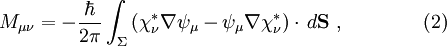 M_{\mu\nu} = -\frac{\hbar}{2\pi} \int_\Sigma\left( \chi_\nu^*\nabla\psi_\mu - \psi_\mu\nabla\chi_\nu^*\right)\cdot \,d{\mathbf {S}}\ ,\qquad\qquad (2)