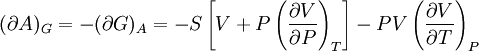 (\partial A)_G=-(\partial G)_A=-S\left[V+P\left(\frac{\partial V}{\partial P}\right)_T\right]-PV\left(\frac{\partial V}{\partial T}\right)_P