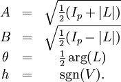 \begin{matrix} A & = & \sqrt{\frac{1}{2}(I_p+|L|)} \\ B & = & \sqrt{\frac{1}{2}(I_p-|L|)} \\ \theta & = & \frac{1}{2}\arg(L)\\ h & = & \sgn(V). \\ \end{matrix}