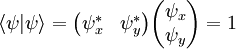 \langle \psi  | \psi\rangle =   \begin{pmatrix} \psi_x^*  & \psi_y^*  \end{pmatrix} \begin{pmatrix} \psi_x  \\ \psi_y   \end{pmatrix} = 1