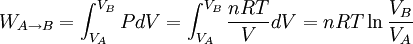 W_{A\to B}=\int_{V_A}^{V_B}PdV=\int_{V_A}^{V_B}\frac{nRT}{V}dV=nRT\ln{\frac{V_B}{V_A}}