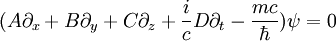 (A\partial_x + B\partial_y + C\partial_z + \frac{i}{c}D\partial_t - \frac{mc}{\hbar})\psi = 0