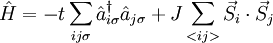 \hat H = -t\sum_{ij\sigma}\hat a^\dagger_{i\sigma} \hat a_{j\sigma} + J\sum_{<ij>}\vec S_{i}\cdot \vec S_{j}